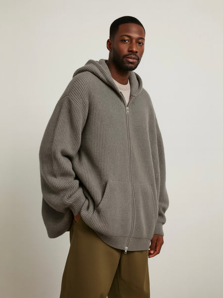 Two-Way Zipper Knit Hoodie - Grey