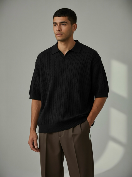 Cable Knit SS Polo - Black