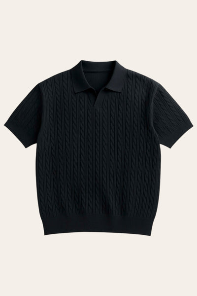 Cable Knit SS Polo - Black