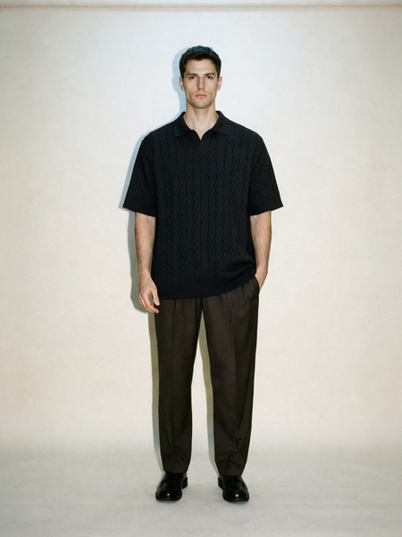 Cable Knit SS Polo - Black
