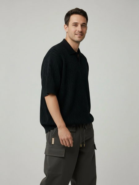 Cable Knit SS Polo - Black