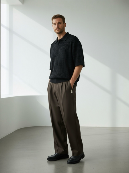 Cable Knit SS Polo - Black