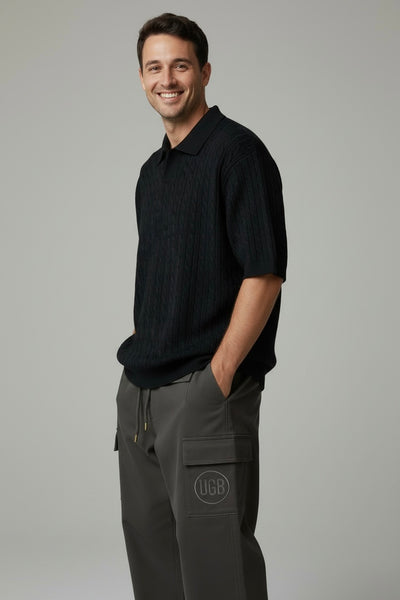 Cable Knit SS Polo - Black