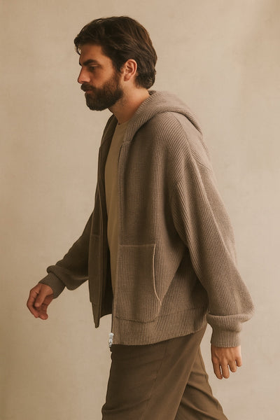 Two-Way Zipper Knit Hoodie - Grey
